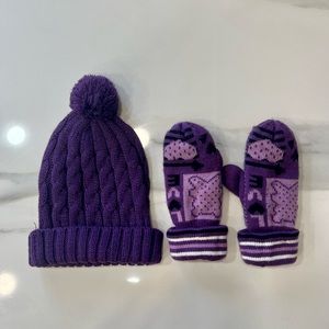 Purple  Winter Set Pompon Hat And  Mittens Warm Acrylic